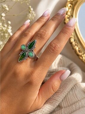 Vintage Green Turquoise Cross Statement Elegant Ring
